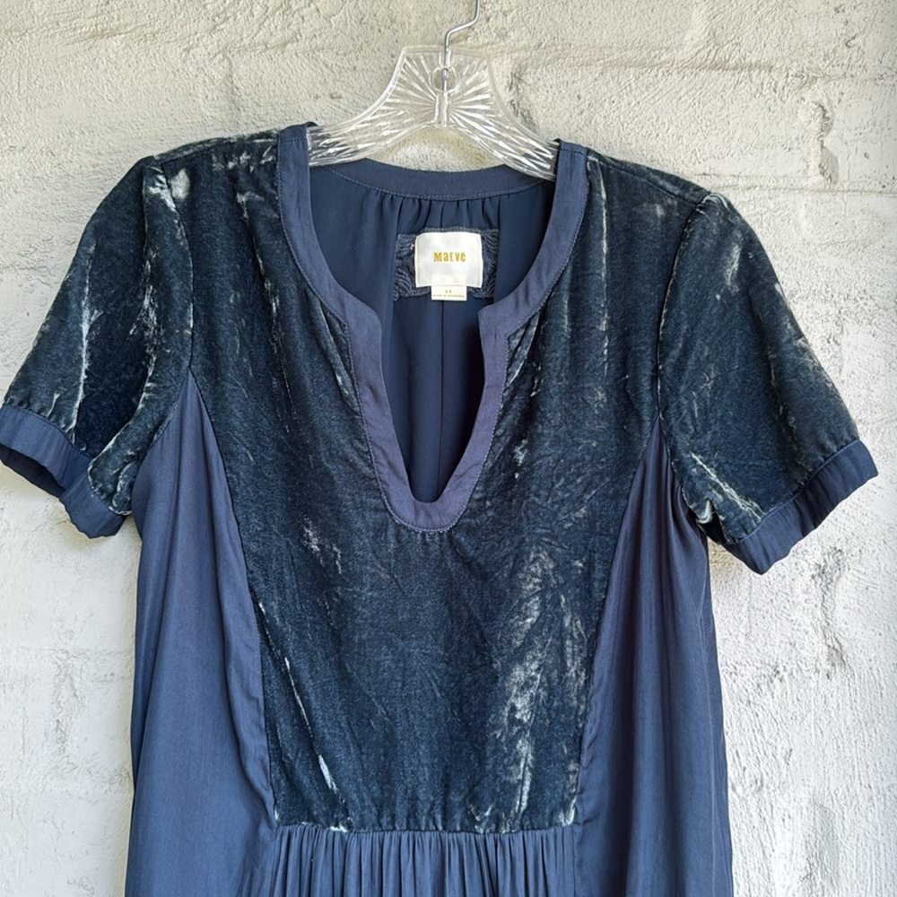 Anthropologie Maeve Teal Blue Velvet V Neck Short Sleeve Boho Dress Size XS - Picture 5 of 10